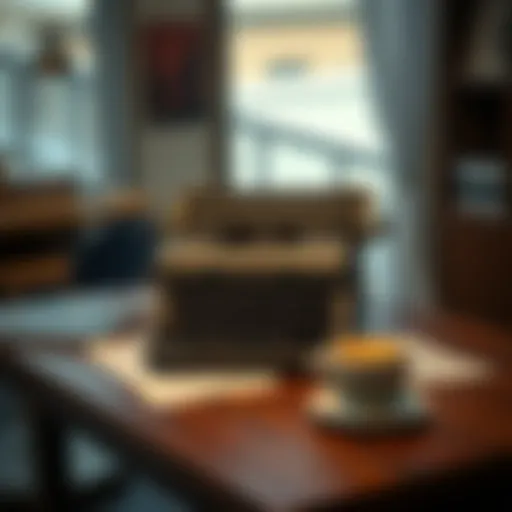 A vintage Chicago typewriter placed on a wooden table with papers and a cup of coffee nearby, showcasing its classic design and usability.