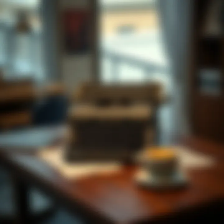 A vintage Chicago typewriter placed on a wooden table with papers and a cup of coffee nearby, showcasing its classic design and usability.