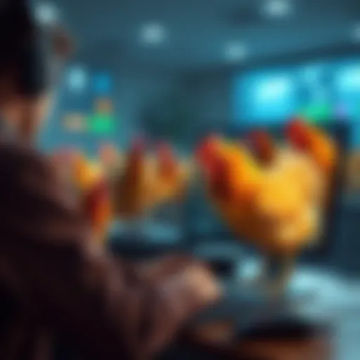 A game developer working on a computer with a visual of chickens on the screen, representing a counting challenge in game design.