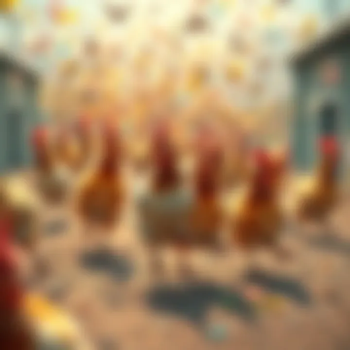 A colorful scene showing a flock of chickens running in a game environment, with an empty area where a swarm was expected to appear.