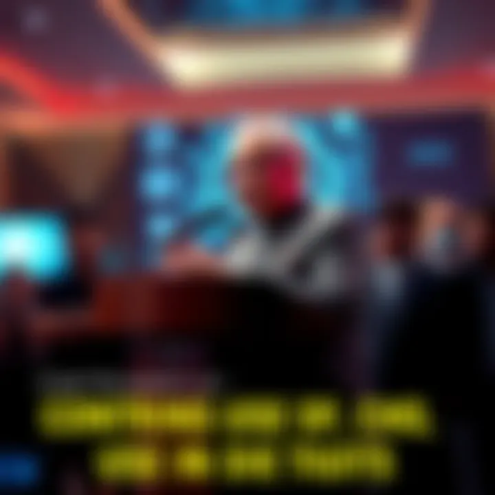 Chief Minister speaking at a podium with AI tech displayed behind him, surrounded by a curious crowd