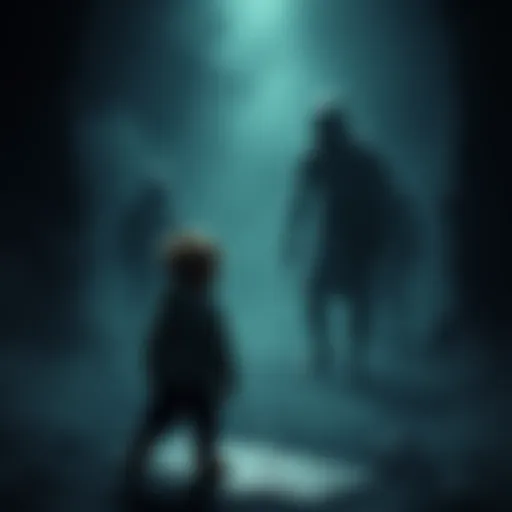 A young child stands in a shadowy, dangerous place, looking around nervously, as ominous figures loom nearby.