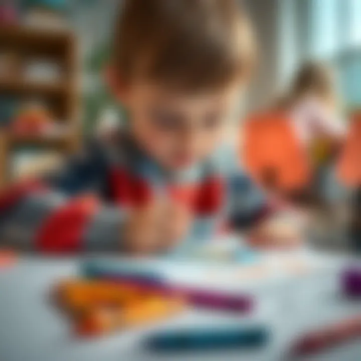 A young boy sits at a table, focused on his colorful drawing of a clicker, surrounded by crayons and paper, showcasing creativity and imagination.