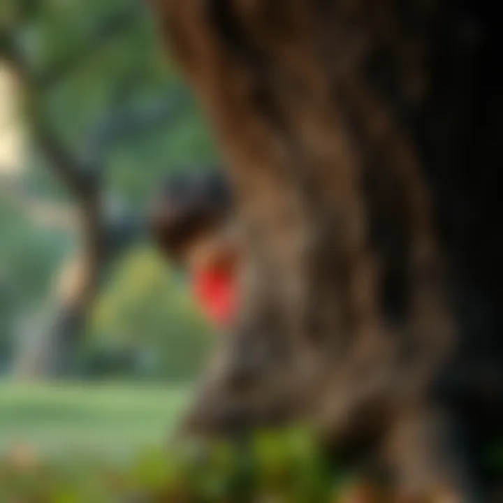 Child hiding behind a tree during a game A child in a red shirt crouching behind a large tree, looking out cautiously while playing hide and seek.