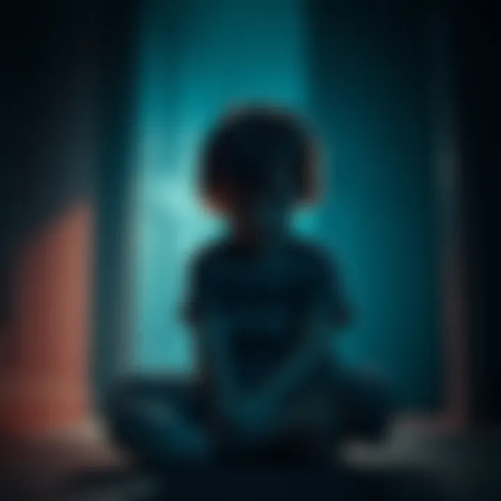 A young child sitting alone, looking sad and lost, surrounded by a dimly lit room.