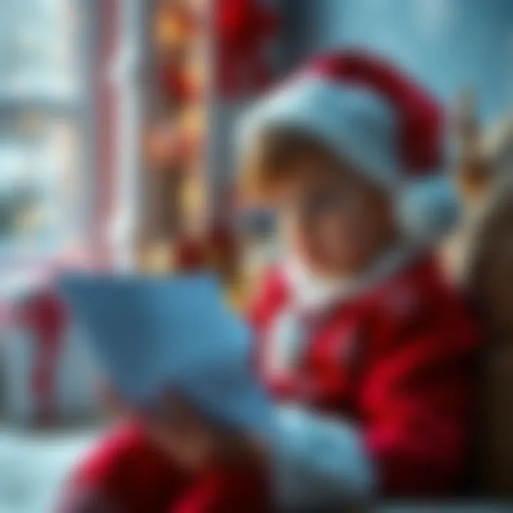 A child looking confused while reading a letter about Santa Claus, sitting next to holiday decorations.