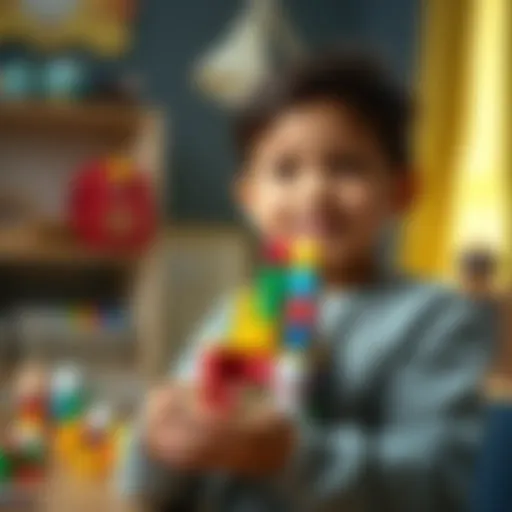 An 8-year-old proudly displays a colorful dice tower made from Magnatiles, showcasing creativity and playfulness.