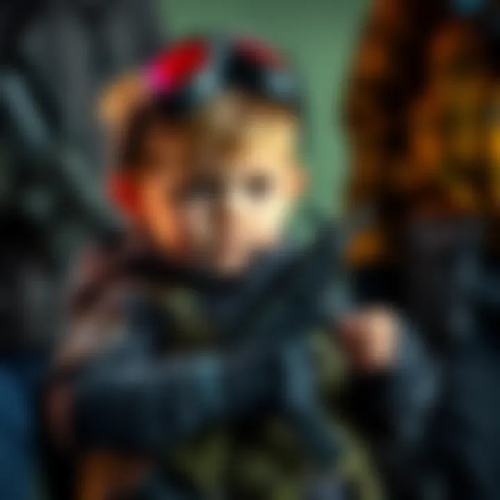 A young child wearing tactical gear and holding a toy weapon, showcasing impressive skills and confidence amidst adults.