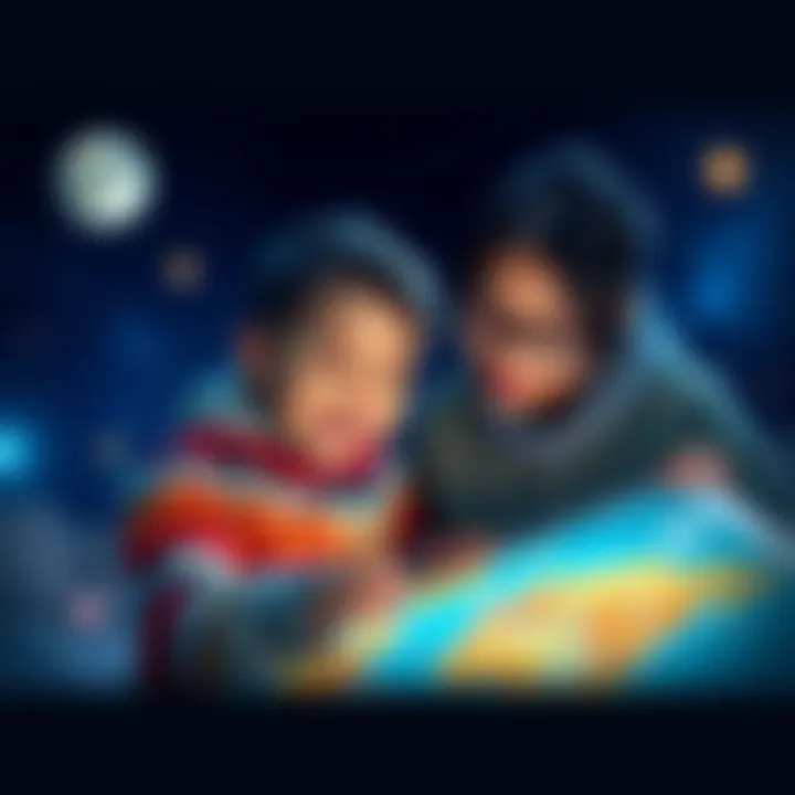 An 8-year-old child and their parent looking at a map of planets, discussing the real names of space locations with excitement.