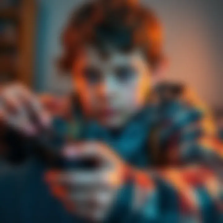 A 10-year-old child focused on playing Assassin's Creed on a game console with a serious expression.