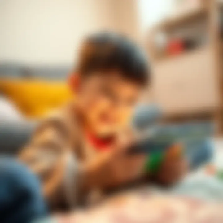 A young child happily playing a colorful puzzle video game on a tablet