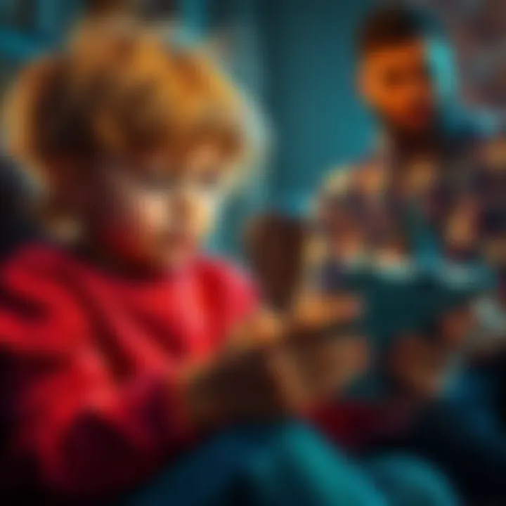 A young child holds an iPad while a concerned parent watches, with a gun visible in the background, highlighting a tense moment.