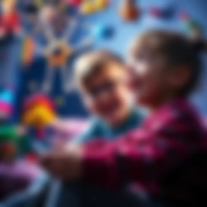 A young child joyfully playing a video game, surrounded by colorful game characters and toys, showcasing a sense of wonder and excitement.