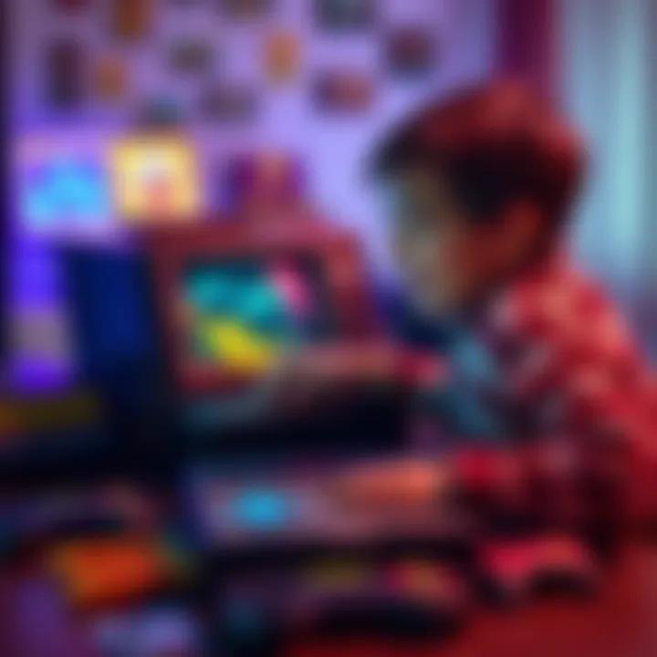 Child Playing a Classic Video Game A child joyfully playing a classic video game on an old console, surrounded by colorful game cartridges and controllers.