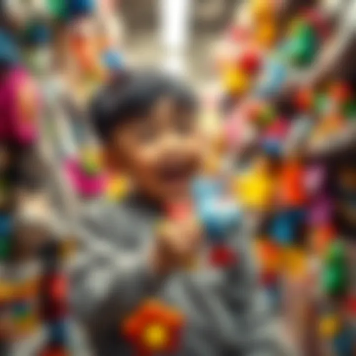 A child excitedly holding a colorful toy found in a thrift store filled with various items
