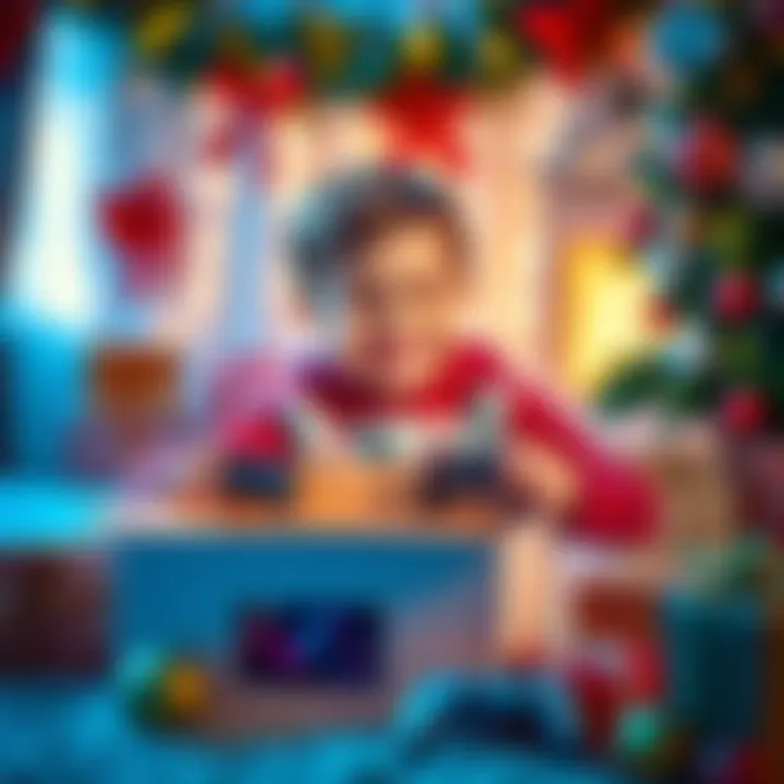 A child joyfully unboxing their first video game console on Christmas morning, surrounded by festive decorations and gifts.