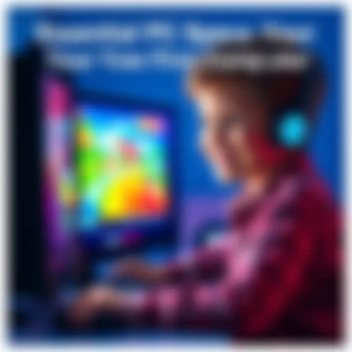 Child using first computer A young boy smiling while using his first desktop computer, showing a colorful game on the screen.