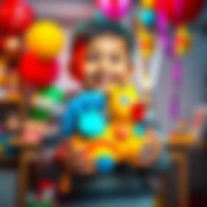 Child holding a colorful toy A happy child proudly displays a bright, colorful toy they purchased with adult money, surrounded by fun decorations.