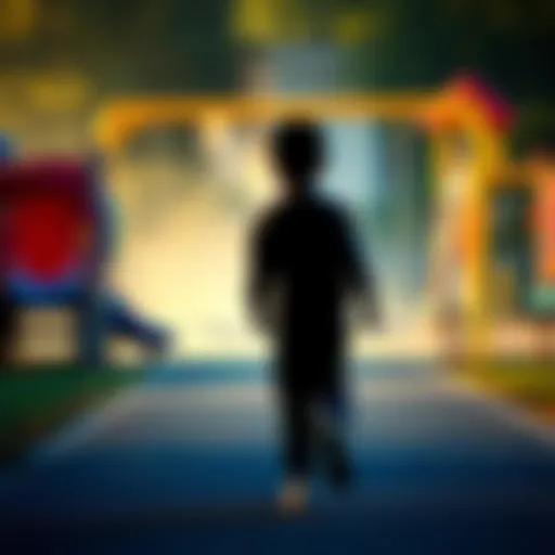 A young person walks away from a playground, symbolizing the transition from childhood to adulthood.