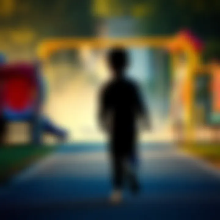 A young person walks away from a playground, symbolizing the transition from childhood to adulthood.