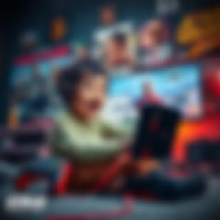 Child Playing GTA 6 A young child excitedly playing GTA 6 on a video game console, surrounded by gaming gear and posters.