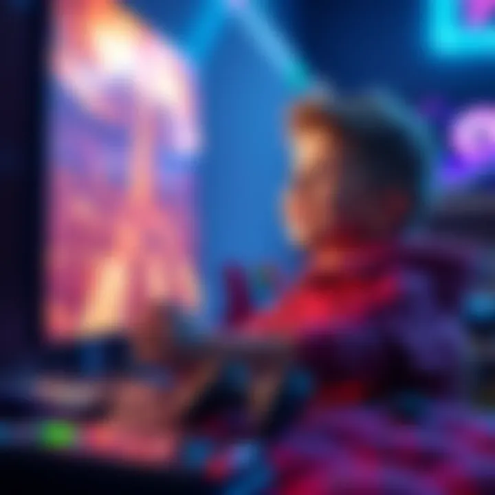 A young child happily playing a PS5 game on a large screen, surrounded by colorful gaming accessories.