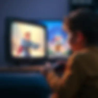 A young child sits in front of a TV, focused on playing a classic video game, showing excitement and curiosity.