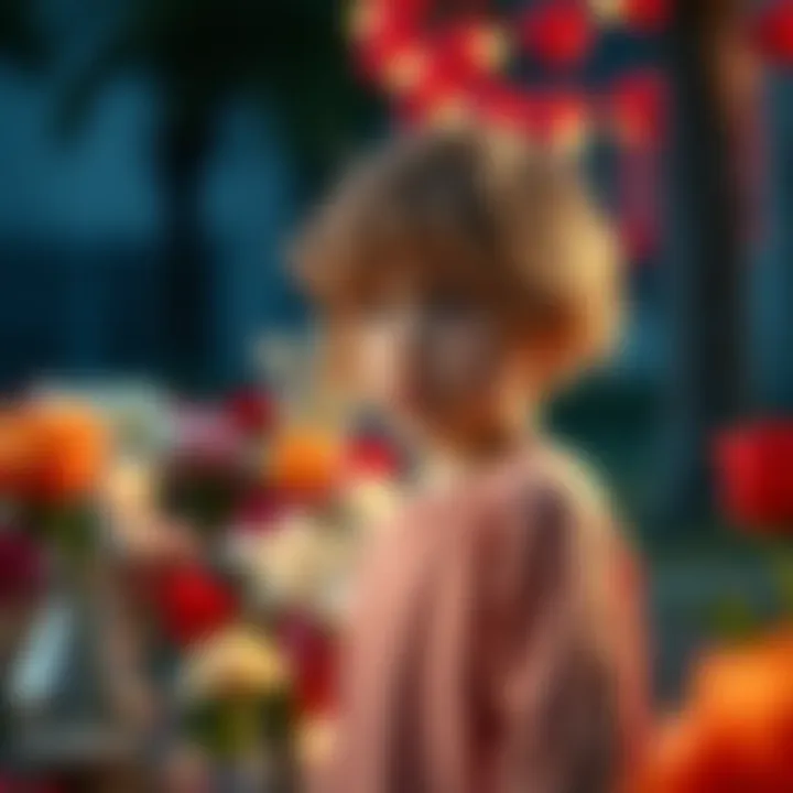 A young child looking sorrowful, standing near a memorial for their mother, surrounded by flowers and candles