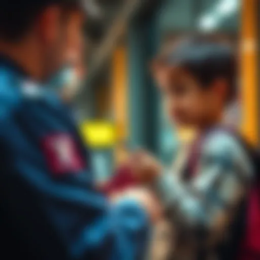 A parent shows ID to a security officer while a child stands nearby, emphasizing the importance of ID checks for child safety.