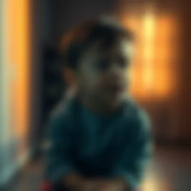 A young child with a fearful expression, sitting alone in a dimly lit room, reflecting on a past experience