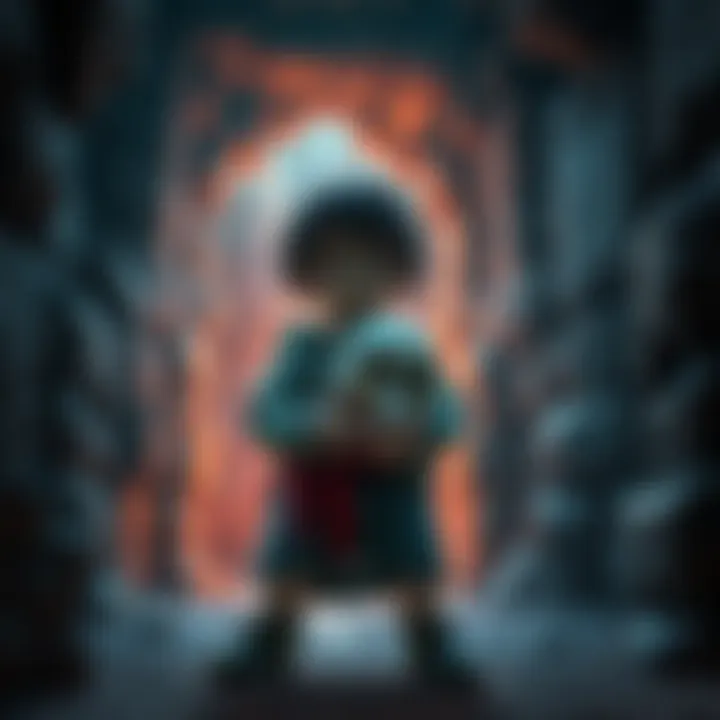 A hidden child stands in Deep Friah's Stronghold, clutching a skull, surrounded by dark stone walls and eerie lighting.