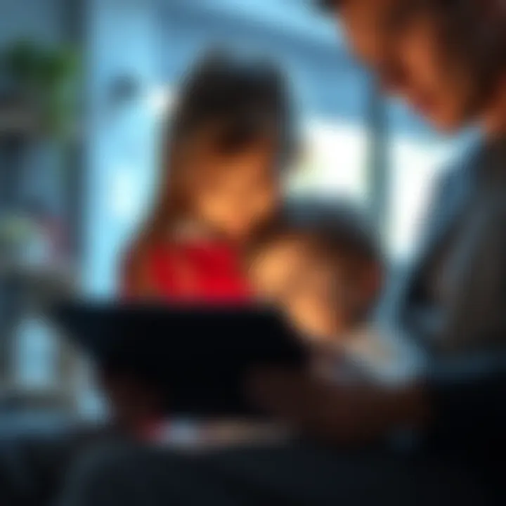 A child looking at a tablet while a concerned adult watches, symbolizing the ethical issues of tech use with minors.