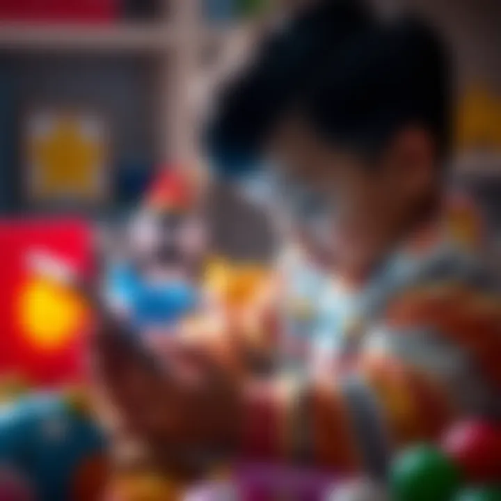 Child using an iPad A young child focused on an iPad, surrounded by toys, illustrating modern parenting in a digital age