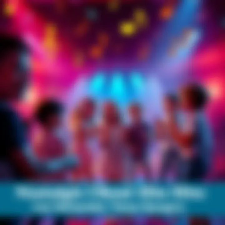 A nostalgic scene with kids enjoying music, dancing and singing together, surrounded by colorful notes and musical symbols.