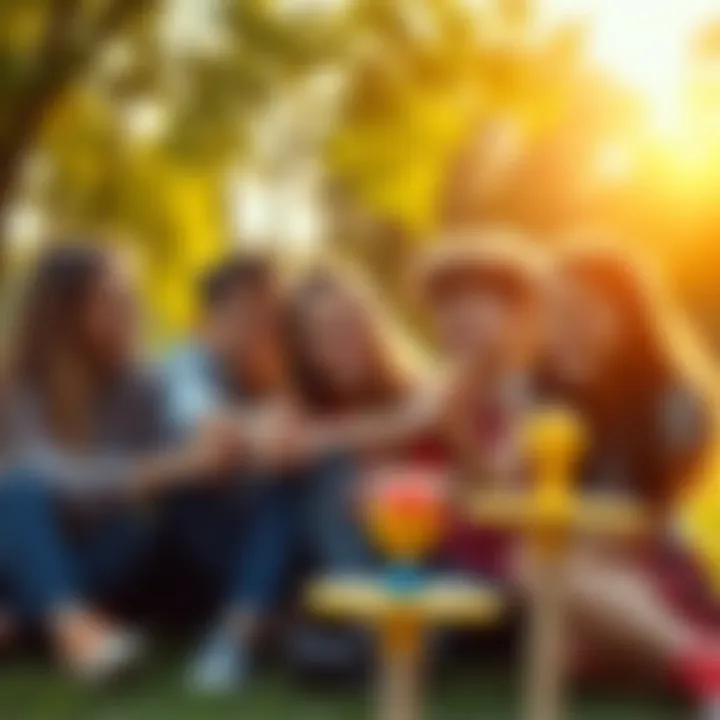 A group of friends enjoying a nostalgic game from childhood, smiling and laughing together in a sunlit park.