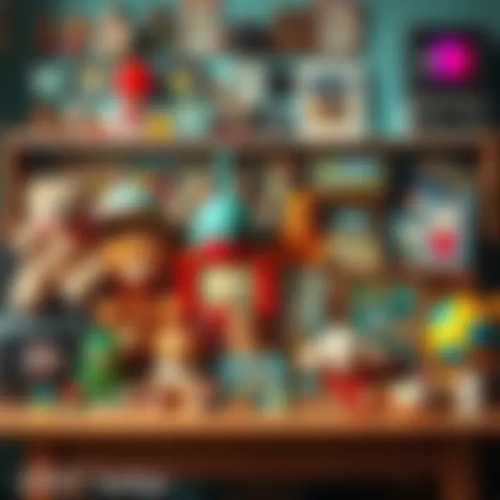 A colorful display of childhood toys and collectibles, showcasing items like teddy bears, action figures, and vintage games on a wooden table.