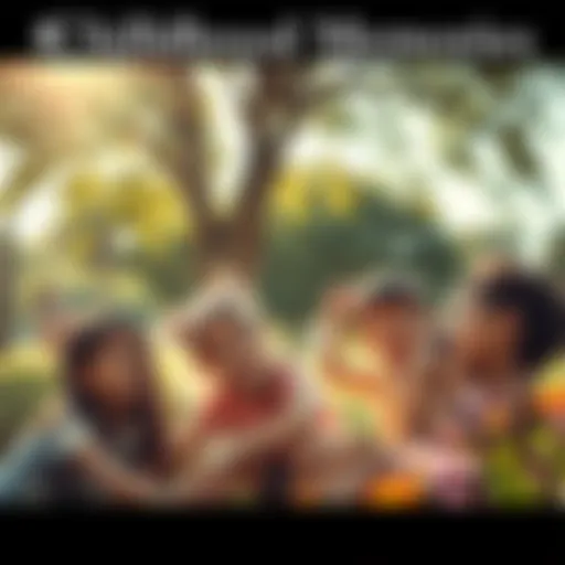 A group of children playing in a sunlit park, smiling and laughing, surrounded by trees and flowers, evoking feelings of nostalgia.