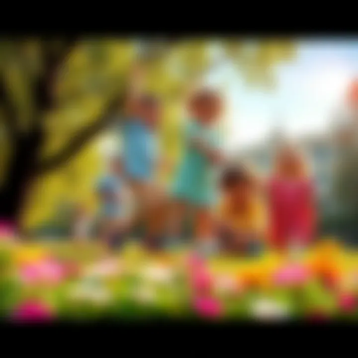 A group of children playing outside in a sunny park, surrounded by trees and flowers, evoking a sense of joy and freedom.