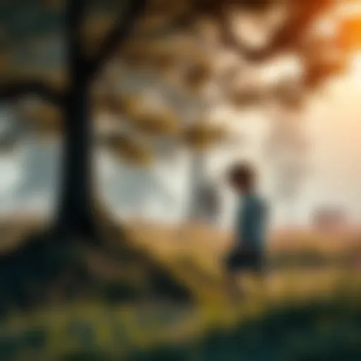 A nostalgic scene showing a child exploring a familiar area, looking for a hidden time gear among trees and grass.