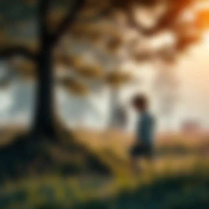 Childhood Memories at a Familiar Place A nostalgic scene showing a child exploring a familiar area, looking for a hidden time gear among trees and grass.