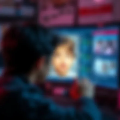 Childhood photo misuse A distressed person looks at a computer screen showing their childhood photo and personal details leaked by a former classmate