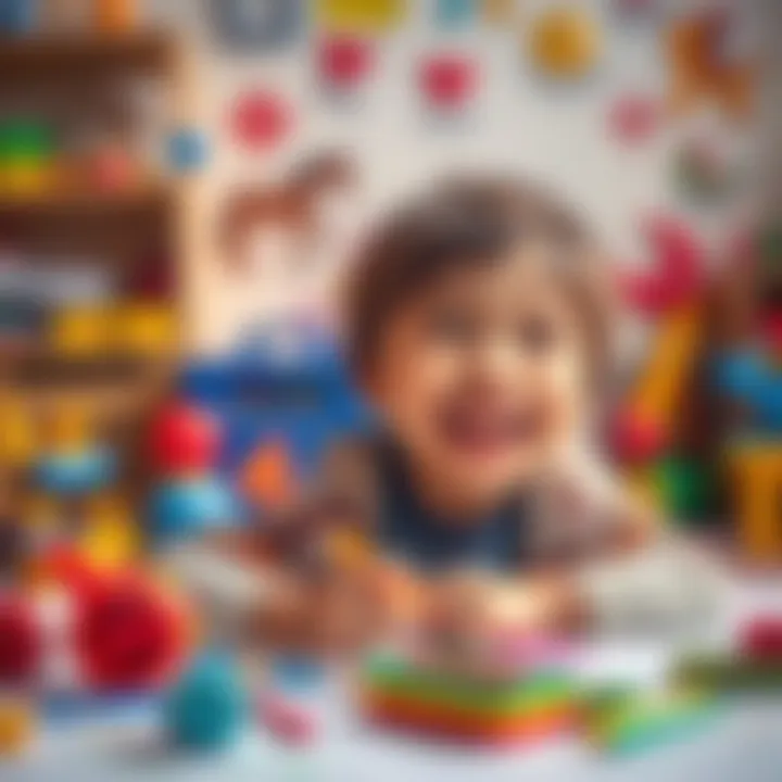 A joyful 10-year-old child smiling, surrounded by colorful toys and drawings, reflecting on happy memories.