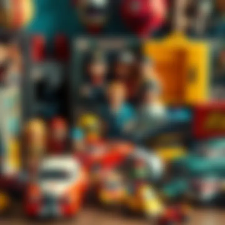 A variety of old toys, including action figures, dolls, and toy cars, displayed on a table.