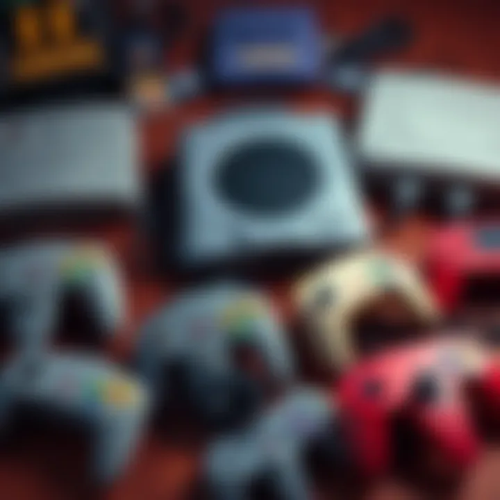 Childhood Video Game Consoles A collection of childhood video game consoles including PS2, N64, Gamecube, and SNES with game controllers and cartridges spread around.