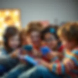 Children Playing Roblox A group of kids happily playing Roblox on their devices, celebrating the game's return in Russia, with colorful game graphics visible.