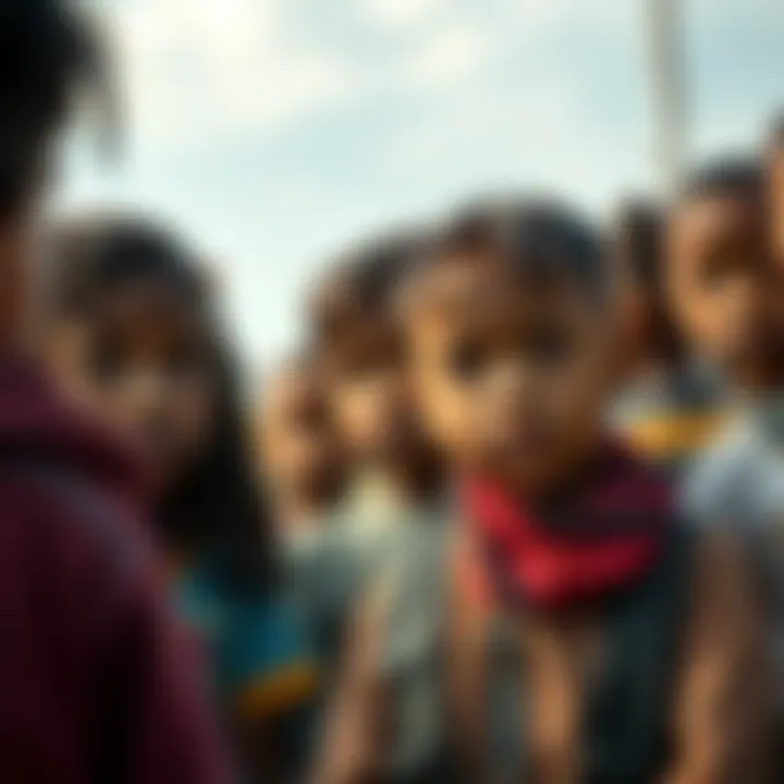 A group of children looking somber in a community setting after an island attack, reflecting their concerns and emotions.