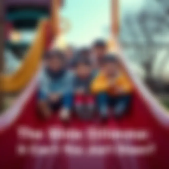A group of children happily sliding down a colorful playground slide together, showing joy and friendship.