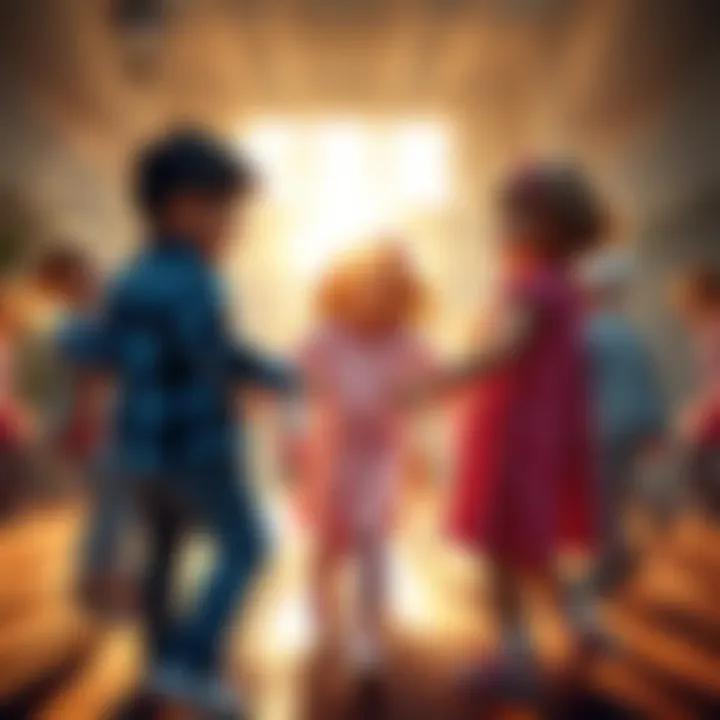 A group of children holding hands and dancing in a circle, smiling as they play the nursery rhyme Ring Around the Rosie.
