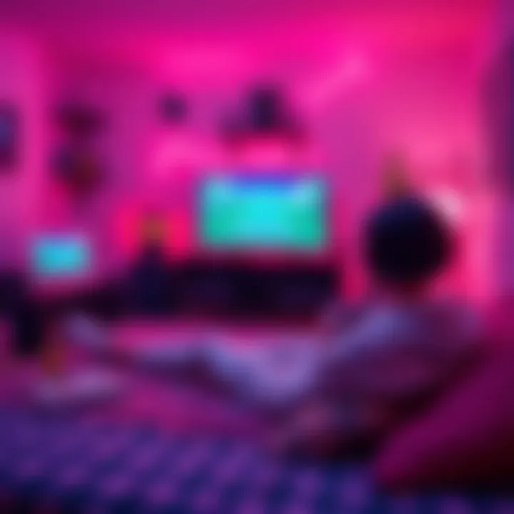 A cozy gaming setup with a person playing a calm video game on a console, surrounded by snacks and a comfortable atmosphere.