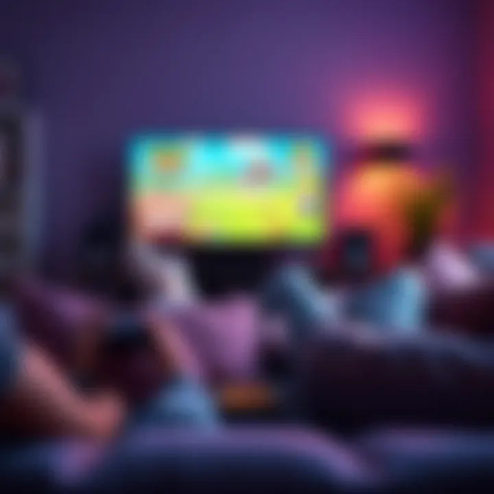 A peaceful gaming setup with a cozy couch, a TV screen displaying a fun game, and snacks nearby for an enjoyable gaming experience.